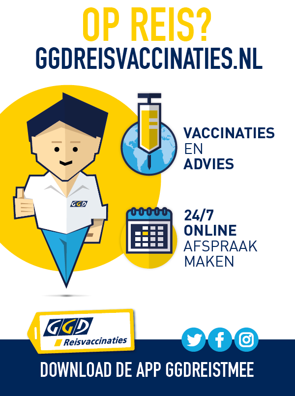 A5 scheurblokje met avatar Dirk. Op reis? GGDReisvaccinaties.nl. Afbeelding van wereldbol met spuit: vaccinaties en advies. Afbeelding van kalender: 24/7 online afspraak maken. Logo's instagram, facebook, twitter. Download de app ggdreistmee. Logo GGDReisvaccinaties. 